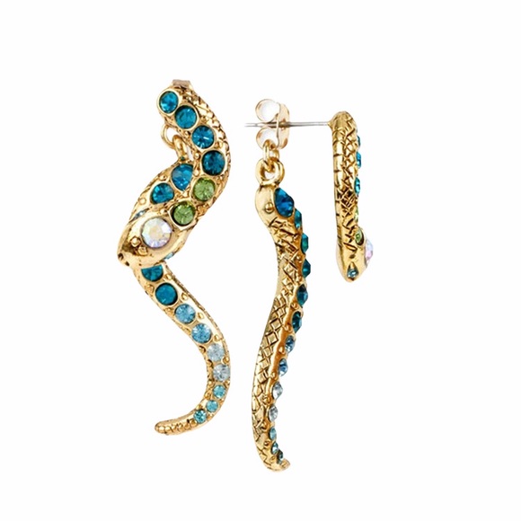 Betsey Johnson Snake Earrings Gold Blue Green - Picture 2 of 9